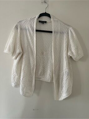 Perceptions White Crochet Knit Open Cardigan Large Cottagecore Shabby Chic